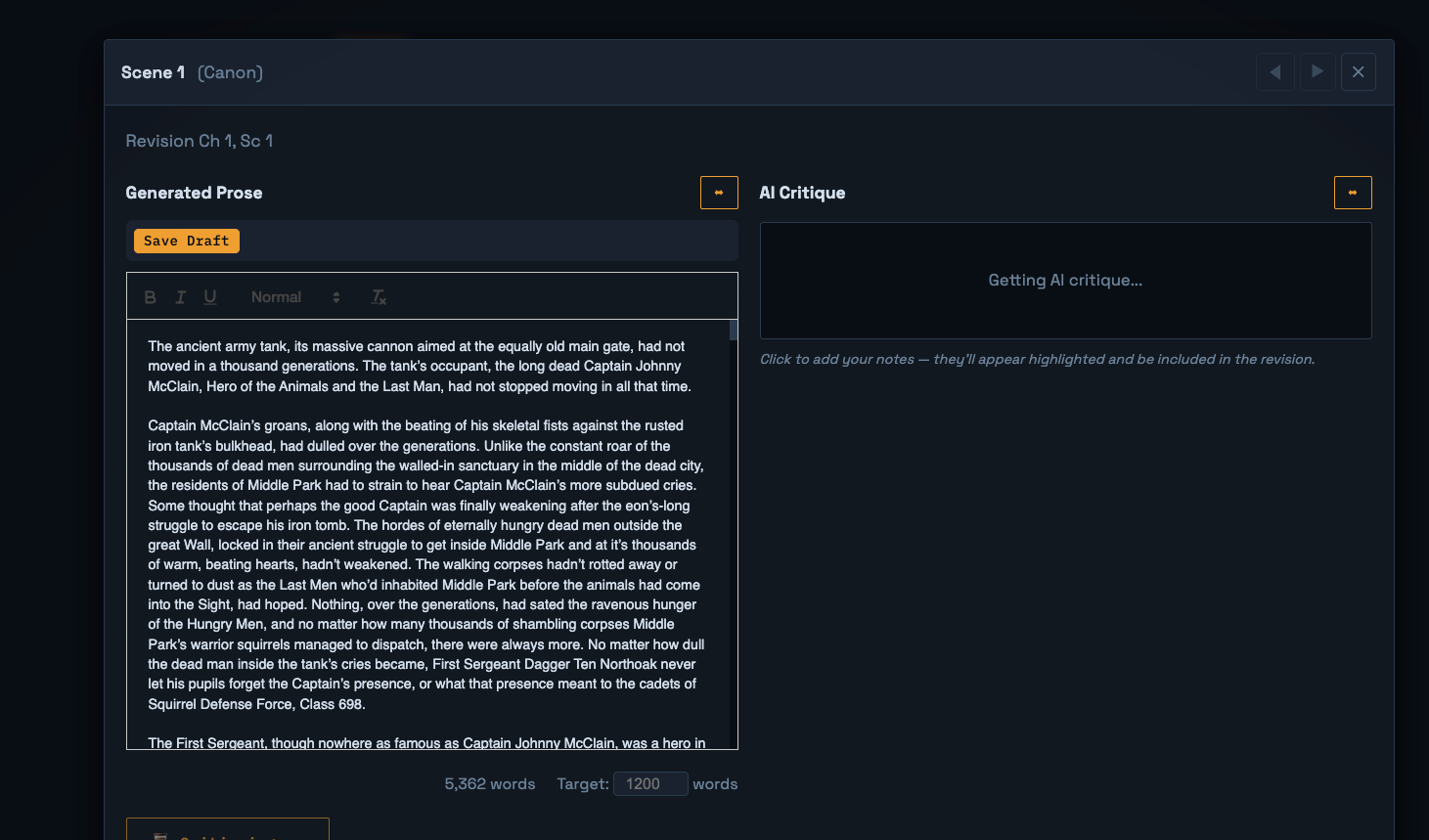 GhostWriter 3000 prose generation view with generated text and AI critique panel