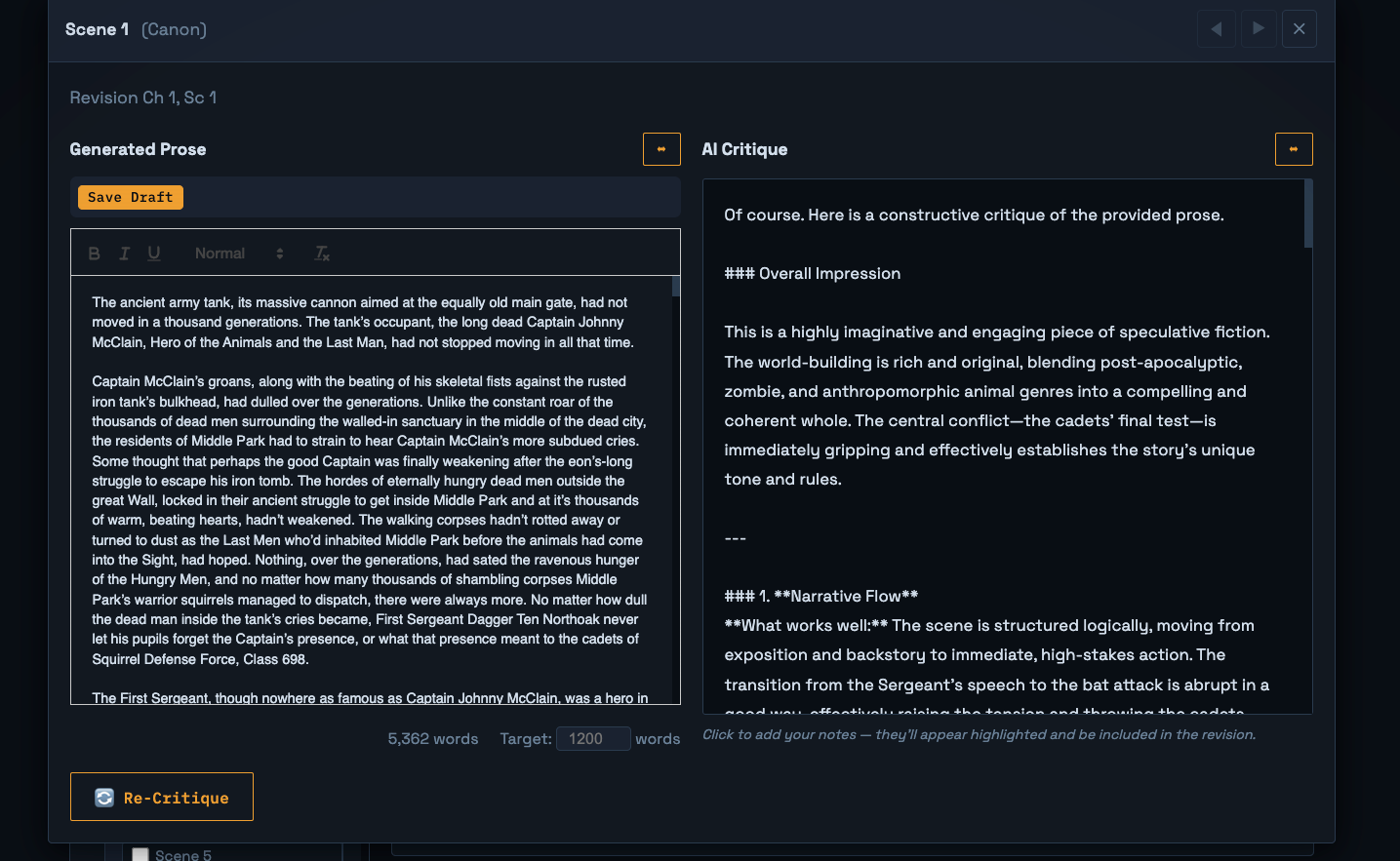 GhostWriter 3000 AI critique showing detailed feedback on generated prose