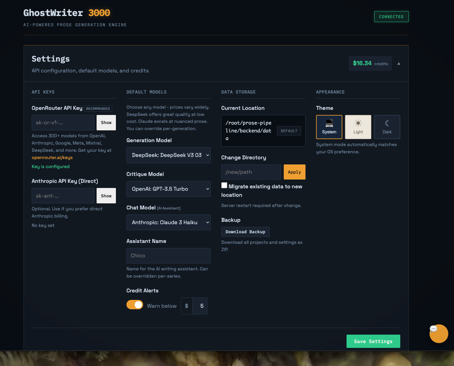 GhostWriter 3000 settings page with API keys, model selection, and theme options
