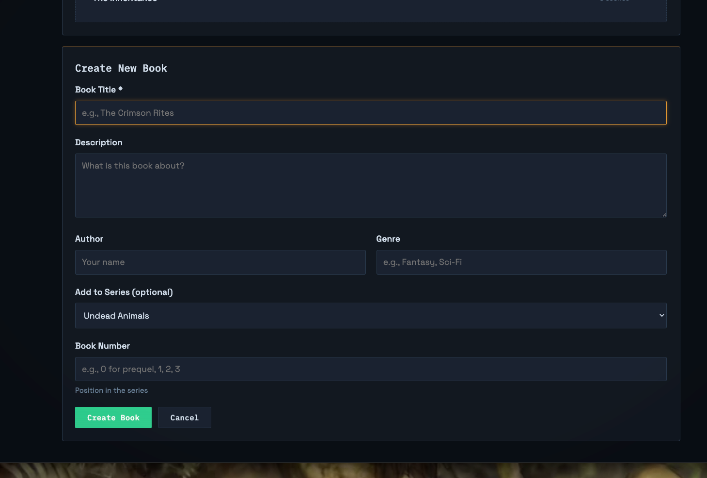 GhostWriter 3000 create new book form with series and genre options